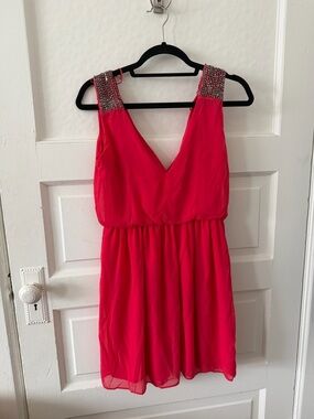 Hot Pink V-Neck Dress with Beaded Straps